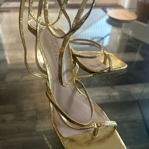 Schutz Gold Strappy Women's Sandals - Picture 10 of 13